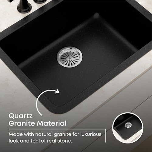 Image of LAPO Quartz Counter Top Kitchen Sink | 24x18 Inches Metallic Single Bowl Kitchen Sink | UV Protected Sink with Coupling, Hose Pipe & Drainer Basket | 3 Year Warranty (Black Finish)