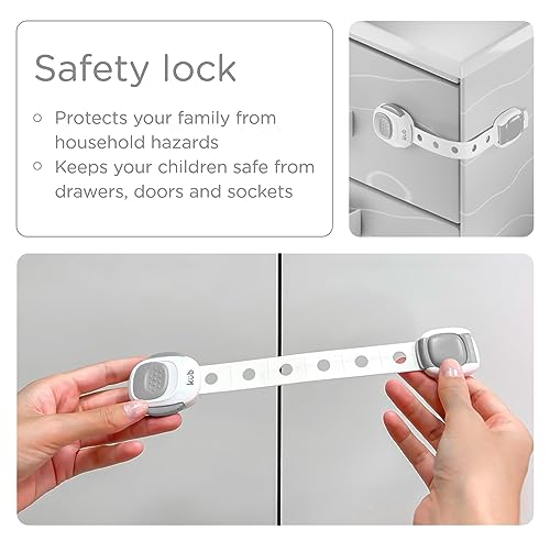 Baby Proofing Child Safety Strap Locks + Child Proof Outlet Covers (6+6 Pack) - Safety Locks For Baby With 3M Adhesive - Child Proof Cabinet Latches For Drawers, Fridge, Toilet - No Drilling (Grey) #TOP1