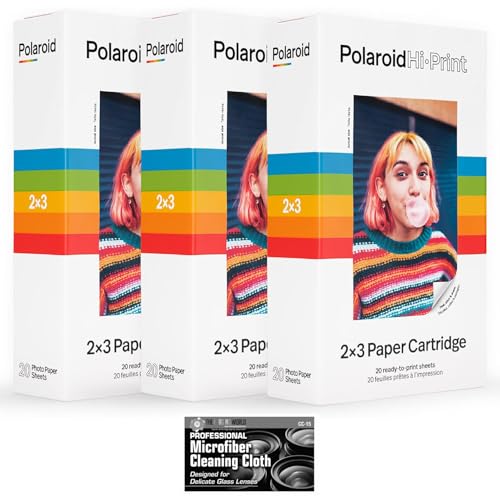 Polaroid Hi-Print Paper - Triple Pack of 2x3 Paper Cartridge (60 Sheets) - with MicroFiber Cleaning Cloth