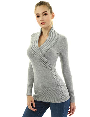 AmélieBoutik Women Slim Fit Sexy Casual Shawl Collar Faux Wrap Lace Up Long Sleeve Sweater(Grey Large)
