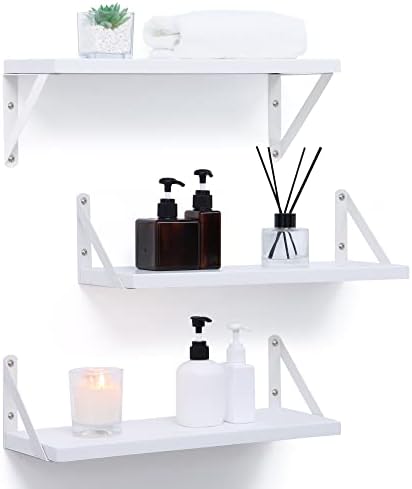 Fun Memories White Floating Shelves for Wall, Modern Wall Shelves with Visible Bracket for Bathroom, Living Room, Bedroom, Wooden Hanging Display Shelf for Home Decor Storage, Set of 3