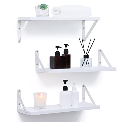 Fun Memories White Floating Shelves For Wall, Modern Wall Shelves With Visible Bracket For Bathroom, Living Room, Bedroom, Wooden Hanging Display Shelf For Home Decor Storage, Set Of 3 #TOP2
