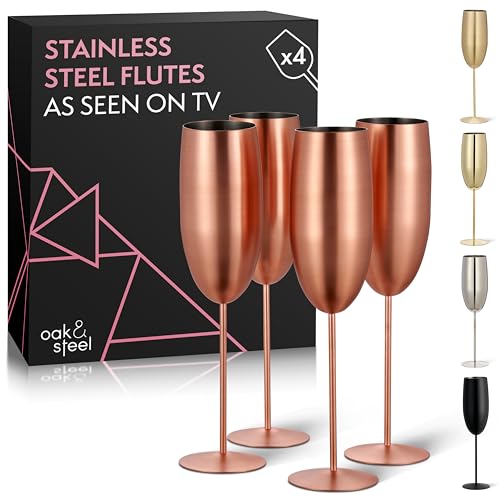 Oak & Steel - 4 Stainless Steel Champagne Flutes with Gift Box, 285 ml - Matte Rose Gold/Copper - Elegant, Solid & Unbreakable - Outdoor Parties, Picnic, Beach & Pool