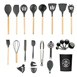 ZACH Silicone Kitchen Utensils Set with Holder, 26 Pieces Non-Stick Heat Resistant Cooking Utensil Set with Wooden Handle - Cookware Spoons Turners Tongs Ladle Spatula Set, Kitchen Accessories (Grey)