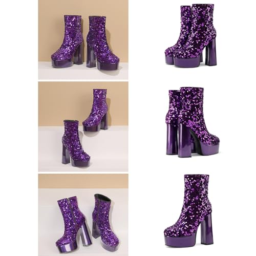 Women's Sequin Platform Mid Calf Boots Chunky High Heel Leather Boots Side Zipper Sexy Dress Boot for Ladies2