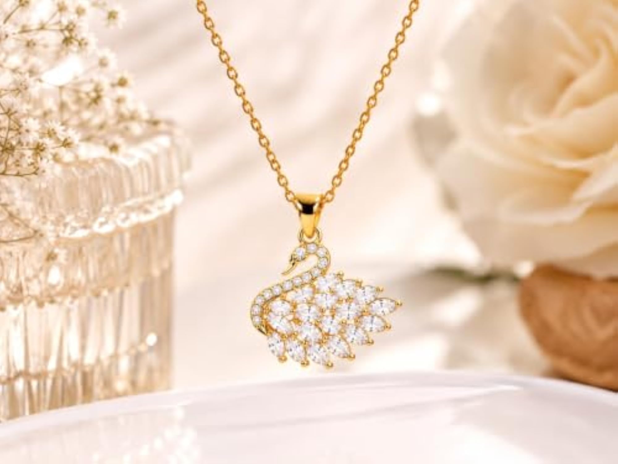 Gold Plated Swan Shape CZ Crystal Pendant Necklace