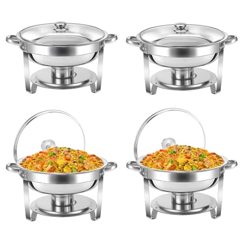 Zertylre Chafing Dish Buffet Set 4.5L 4 Pack Stainless Steel Chafe with Glass Lid Round Catering Warmer Server with Lid Water Pan Stand Fuel Holder Cover Holder Spoon (4 pcs)