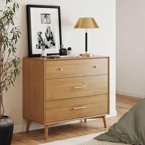 Image of Nathan James Harper Mid Century Modern Dresser, Solid Wood Dresser for Living Room with 3 Drawers and Metal Drawer Pulls, Light Acacia