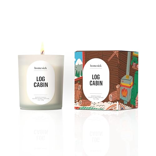 Homesick Log Cabin Scented Candle 13.75 oz Non-Toxic Natural Soy Wax in Cozy Amber & Smooth Tonka Bean Scent Organic Cotton Wick 60-Hour Burn Engagement Gifts for Couples in Reusable Jar