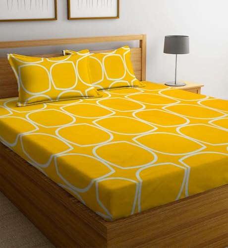 Image of la' amour Cotton 220 TC Flat Double Bed Bedsheets for Summer Breathable | Wrinklefree (Size- 228 x 230 Cm) with 2 Pillow Covers (Size-17 X 27 Inches, Oval, Yellow & White)