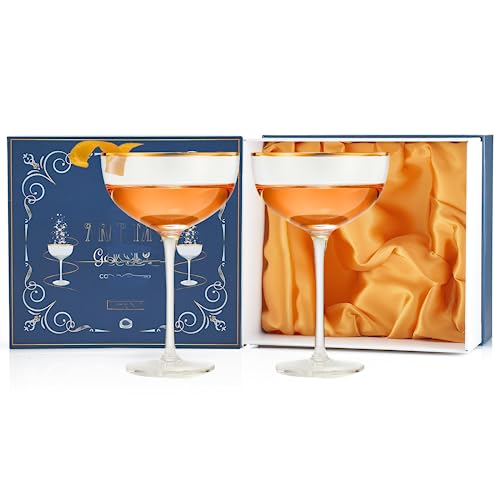 Vintage Crystal Champagne Coupe Gold Rim Glasses | Set of 2 | 7 oz, Gilded Rim Classic Cocktail Glassware - Martini, Manhattan, Cosmopolitan, Sidecar, Daiquiri | 1920s Style Saucer Goblets | Gift Box