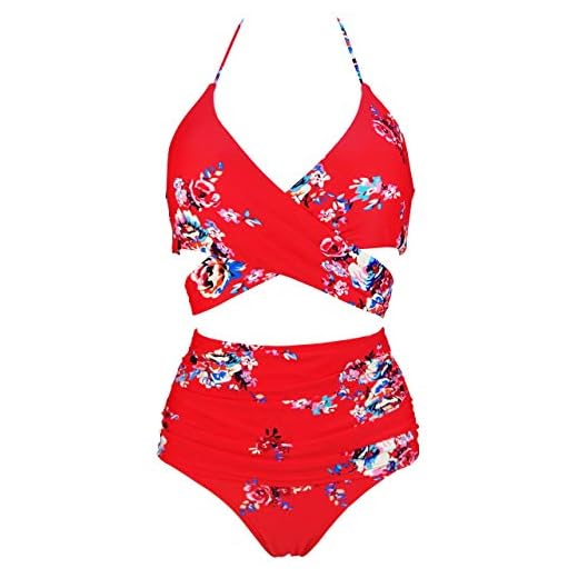 COCOSHIP Red & White & Jade Pink Garden Flower Retro Ruched High Waist Bikini Set Cross Push Up Sport Tie Back Swim Bathing Suit 6