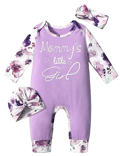Image of Von kilizo Baby Girl Clothes Cute Floral Infant Newborn Baby Clothes for Girls Letter Print Snap Baby Girl Romper Jumpsuit