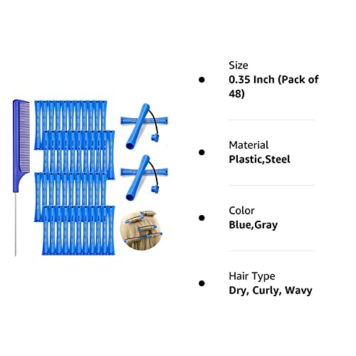 48 Pieces Hair Perm Rods Cold Wave Rods Plastic Perming Rods Curlers Hair Rollers With Steel Pintail Comb Rat Tail Comb For Hairdressing Styling Tools (Blue, 0.35 Inch/ 0.9 Cm) #TOP7