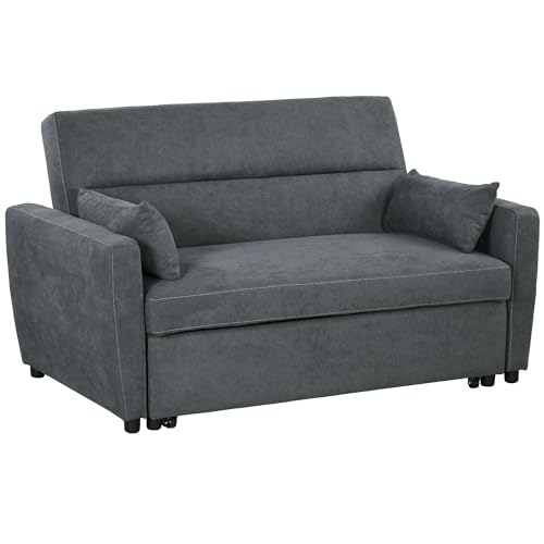 HOMCOM Schlafsofa, 2-Sitzer Sofa mit Schlaffunktion, Verstellbare Rückenlehne, Couch mit Kissen, Samtoptik, Schlafcouch für Wohnzimmer, Gästezimmer, Dunkelgrau