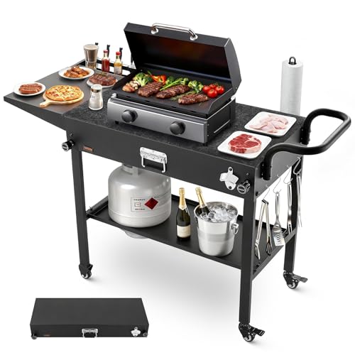 VEVOR Carro de Barbacoa Plegable 787 x 432 mm, Mesa de Barbacoa para Exteriores con Ruedas y Estante, Carrito con Soporte para Pañuelos y Ganchos, Mesa Auxiliar para Jardín, Picnic, Cocina, Patio