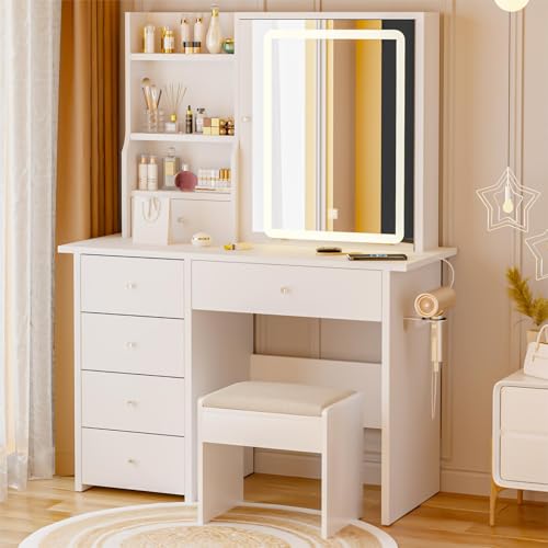 DYHOME Makeup Vanity Desk with LED Lights Mirror 3 Adjustable Modes and Power Outlets, Vanity Table with 6 Drawers Dresser and Bench, Makeup Desk for Bedroom Dressing Room, White