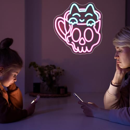 Image of Neon Sign, JGHTURIE Cup Neon Signs for Wall Decor Funny Skull Cat Light Up Sign USB Powered Pink Led Signs for Man Cave Business Coffee Cafe Shop Bakery Hotel Store