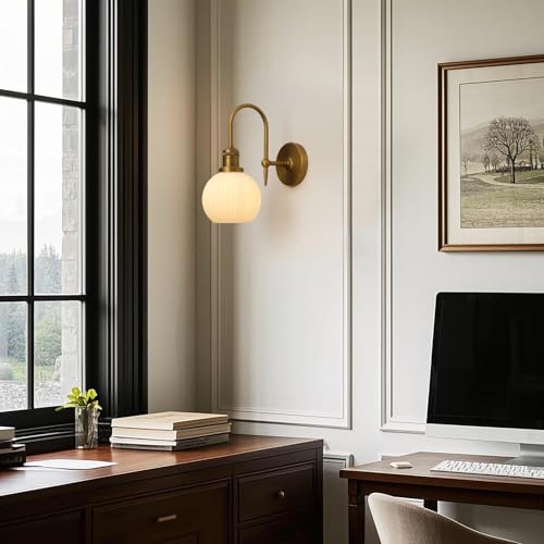 Image of Pathson Milky White Glass Globe Wall Sconce Light, Hardwired Wall Vanity Lighting, Curved Metal Rods Design, Mid-Century Bathroom Wall Lamp Decor for Living Room