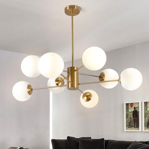 Bektas Chandelier Lighting,8-Light Mid Century Modern Chandelier Gold Chandelier for Dining Room Kitchen Living Room,Bubble Glass Pendant Light Fixtures(Gold+White)