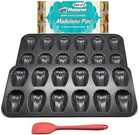 MASSNER Madeleine Pan with Silicone Spatula, Non-stick for baking 12 Madeline Cookie Mold Heavy duty Madeline Pans dishwasher safe 2 Pack