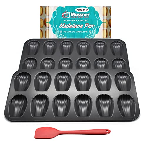 Massner Madeleine Pan With Silicone Spatula, Non-Stick For Baking 12 Madeline Cookie Mold Heavy Duty Madeline Pans Dishwasher Safe 2 Pack #TOP2
