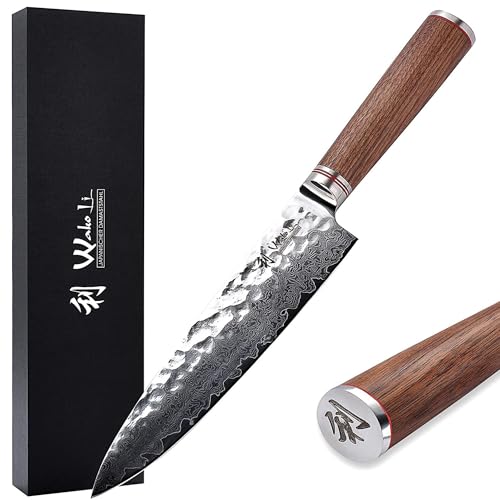Wakoli Nussbaum Chefmesser | 20 cm Klinge aus 67 Lagen Damaststahl mit VG10-Kern | Ergonomischer Nussbaumholzgriff | für Fleisch, Fisch, Gemüse & Kräuter | in Geschenkbox für Hobby- & Profiköche
