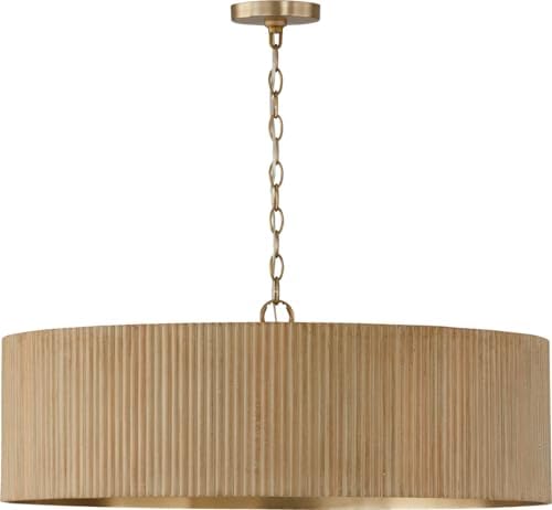 Capital Lighting 450741WS Donovan Mid-Century Modern Artisan Luxe Fluted Mango Wood Drum Chandelier, 4-Light 400 Total Watts, 11" H x 31" W, White Wash and Matte Brass
