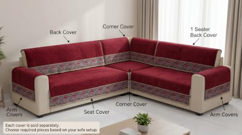 Image of KINGLY L-Shape Sofa Cover 7 Seater 4+3 Velvet Full Cover - Maroon | Fully covered quilted velvet slipcover, washable anti-slip furniture protector, L-type corner sofa cover for living room