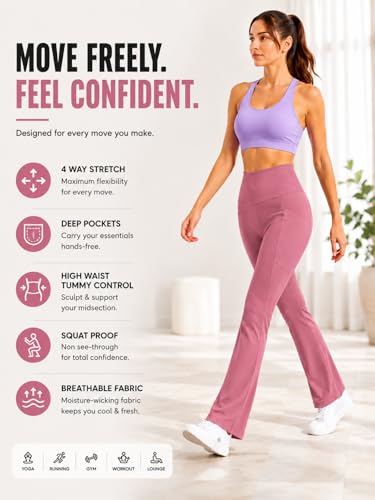 Image of Women's High Waist Bootcut Yoga Pants with Pockets | Flared Leggings for Women | Stretchable Gym Workout Pants | Tummy Control Activewear | Lounge & Travel Wear