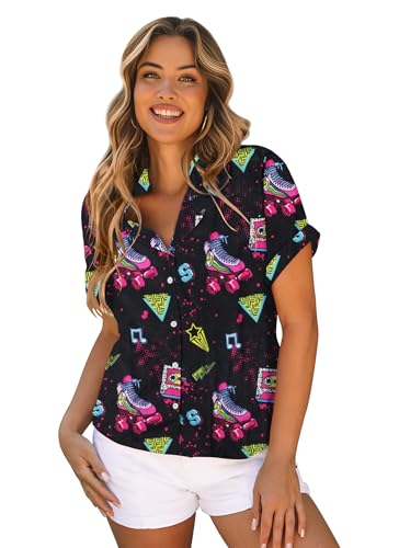 tiorhooe 80s 90s Hawaiian Shirt for Women Summer Retro Hawaiian Short Sleeve Shirts Ladies Vintage Button Down Tops