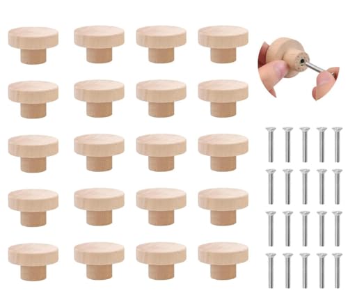 HIQE-FL Boutons de Tiroir en Bois Massif,20 Pièces Rond Boutons de Tiroir,Boutons de Porte D'Armoire,Poignée de Tiroir Avec Vis