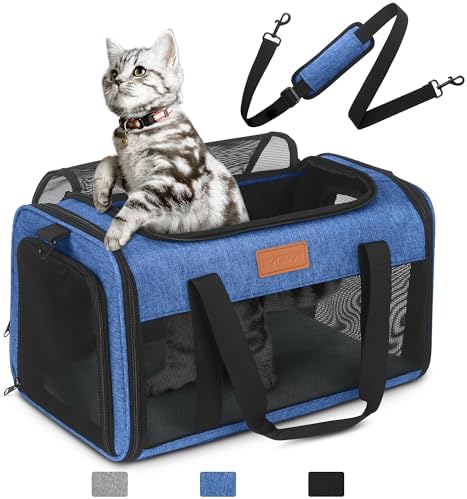 PETUX TSA Approved Pet Carrier in Cabin – 17″x11″x9.5″, Underseat, Soft Sided Cat Carriers with Safety Zippers and Anti-Scratch Mesh for Small Cat up to 12 lb, Ideal for Travel and Vet Visit, Blue
