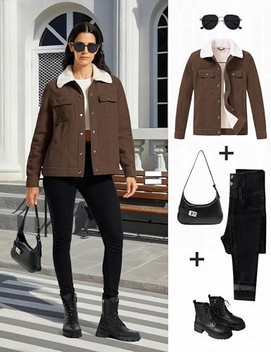 MoFiz Women's Fleece Jacket Warm Sherpa Lined Winter Coat Fashion Button Down Casual Corduroy Jacket with Multi-Pockets Brown Size US M - Image 5