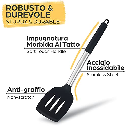 Set di 8 Utensili da Cucina in Silicone Resistente al Calore - Manico in Acciaio Inox - Con Supporto - Con Fori per Appendere