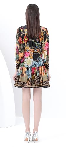 Image of LAI MENG FIVE CATS Women's Floral Print Lantern Sleeve Ruffle Casual Button Belted Thin Loose Fit Mini Dress