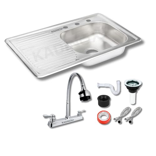 Fregadero Tarja Tina Sencilla Con Escurridor 80x50cm Acero Inoxidable Con Kit de Instalacion Mezcladora Flexible KAD-ID (Escurridor izquierdo)