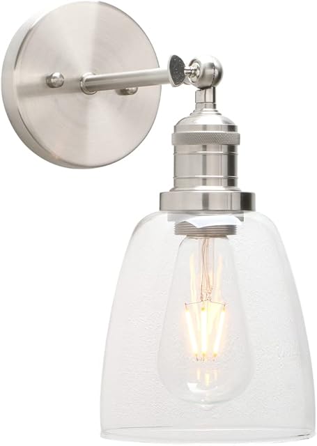 Phansthy Industrial Retro Style Wall Lights Bell Shaped Clear Glass Shade Vintage Wall Sconces E27 Bulbs Indoor Light Loft Bar Kitchen Lamp Bedroom Vanity Mirror Lighting (Brushed)
