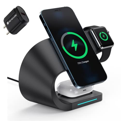 Image of Sevenaire MagCharge D1800 3-in-1 Wireless Charging Dock [23W Fast Charge] [Mag-Safe Compatible] for iPhone 17,16,15,14,13,12 Series | iWatch | Air-Pods (BLK with 18W Adapter)