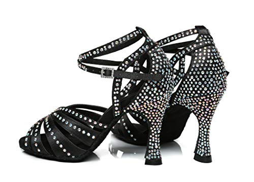 MINITOO Damskie buty do salsy z paskiem na kostkę z koralikami buty do tańca L440, Czarny, 38.5 EU