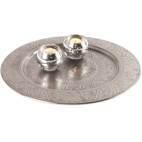 Marrakech Manar - Plateau décoratif oriental - Style bohème - En métal - 35 cm - Argenté - Décoration de table pour cuisine et salon - Vintage (argenté)