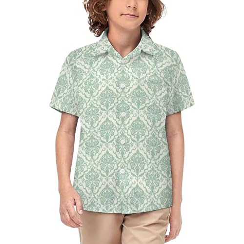 Children's Button Up Shirt Fresh Mint Green Damask Floral Short Sleeve T Shirts Casual Polo Tops for Wedding 7-8T