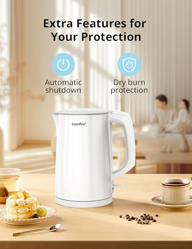 Image of COMFEE' Stainless Steel Double Wall Electric Kettle 1.5L, White