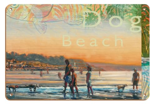 Dog Beach - San Diego California - Original Collage Art by Wade Koniakowsky - 8 x 12 inch Vintage Wood Art Sign