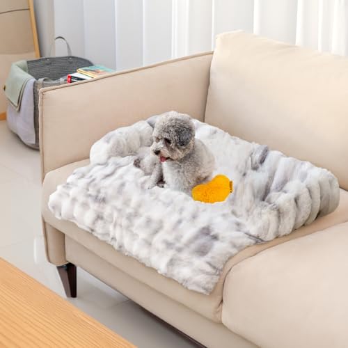 FUNNY FUZZY Pet Fluffy Fuzzy Couch Cover, Calming Washable Dog Bed Sofa Protector Pets Mat for Small Dogs and Cats (Tie-dye Grey,27.56  24.02  5.51 in)