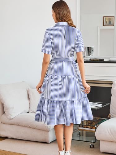 BROVAVE Summer Midi Dress for Women: Striped Button Down Casual Clothing - Collared Flowy Classy Short Sleeve Dresses3