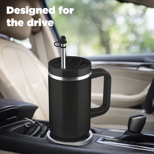 Image of MILTON Malmo 1200 Thermosteel Double Wall Vacuum Insulated Stainless Steel Water Tumbler with Handle 1100ml,Travel Mug with Straw,Silicon Cap,Cleaning Brush,Hot & Cold Beverage Flask,Jet Black