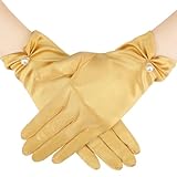 Geyoga Short Satin Gloves Women Wrist Pearl Tea Party Gloves 1920s Flapper Accessories for Funeral Wedding Banquet(Gold)