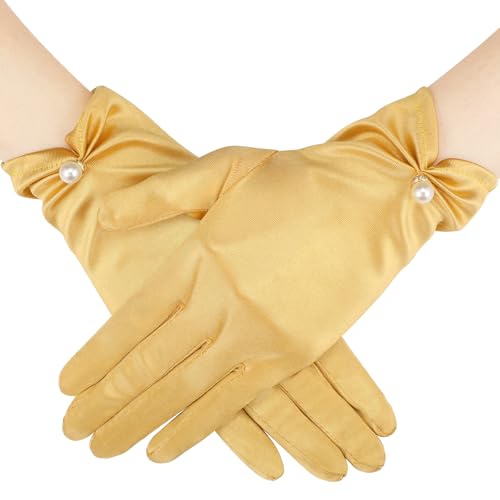 Geyoga Short Satin Gloves Women Wrist Pearl Tea Party Gloves 1920s Flapper Accessories for Funeral Wedding Banquet(Gold)