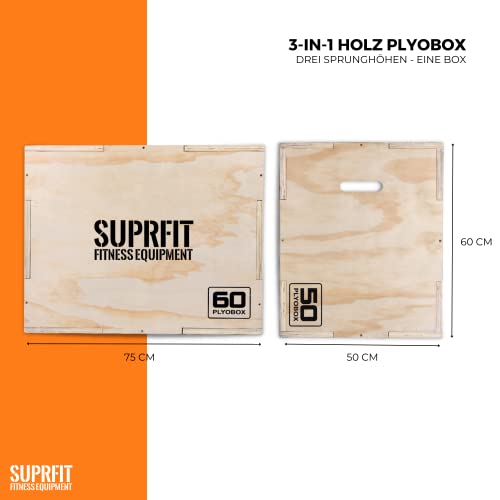 SUPRFIT Baltrun Plyo Box Holz – stabile Sprungbox für plyometrisches Training & Sprungkrafttraining - Jump Box mit 3 Sprunghöhen 50 x 60 x 75cm, vormontiert – (Braun)